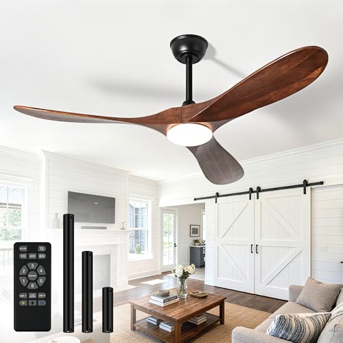 Mosanfan Ceiling Fans with Lights and Remote, 52'' Outdoor Ceiling Fan with 6 Speed Noiseless Reversible DC Motor, Indoor 3 Blade Wood Ceiling Fan for Farmhouse Bedroom Living Room Gazebo Walnut