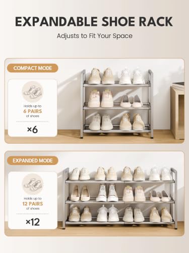 Image of Bumusty 3-Tier Expandable Shoe Rack for Closet, 18 inch-33 inch Adjustable Shoe Rack for Small Space, Small Shoe Organizer for Front Door, Sturdy Metal, Light Grey