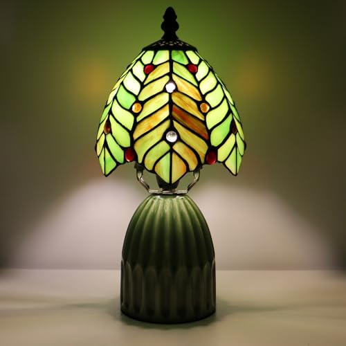 Tiffany-Style Stained Glass Mushroom Table Lamp 12.5in (Green Leaf)