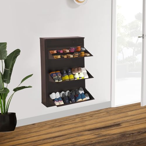Image of DELITE KOM 29 inch Wide, 6 Shelf Metal Shoe Rack Wall Mounted for Home with Central Lock | Holds Upto 24 Shoes or 36 Slippers Pair | Double Decker, 1Yr Warranty, (41x29x8, Coffee), DIY, Space Saver