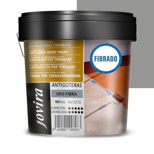 JOVIRA PINTURAS Pintura Impermeabilizante Antigoteras fibrado. Revestimiento Elástico, para Terrazas, Paredes, Medianeras y Tejados. (15 Litros, Gris) A-47B