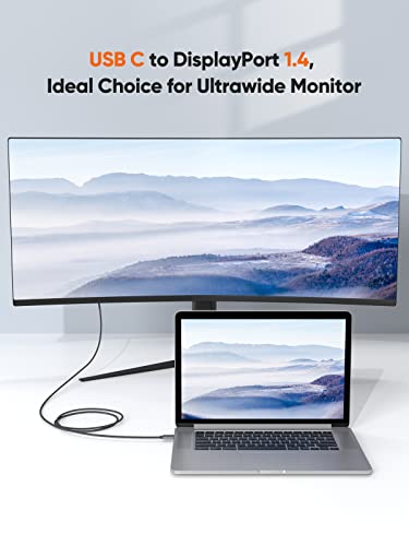 Image of CableCreation 8K Usb C To Displayport Cable 6Ft, Type-C To Dp 1.4 Cord 32.4Gbps, 8K@60Hz 4K@60Hz /144Hz 2K@165Hz, Thunderbolt 3 Compatible With Galaxy S22 Ultra, Macbook Pro /Air, Hp Xps 13 /15, Grey