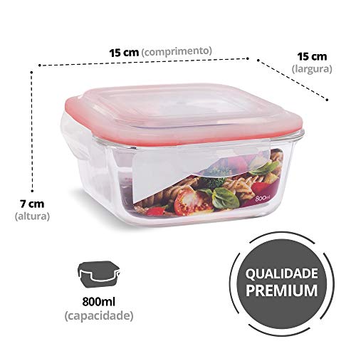 KIT 10 Potes de Vidro Quadrado com Tampa Hermética 800ml Cor:Vermelho (LP)