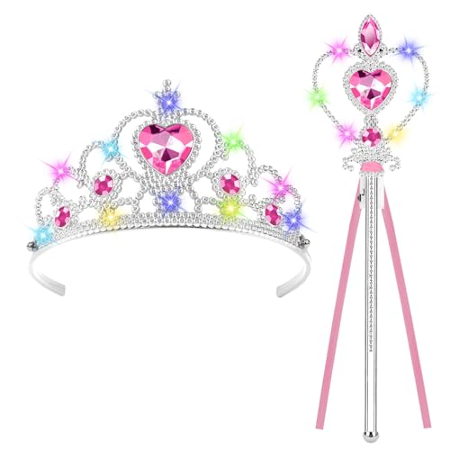AOOTE Leuchtend Prinzessin Tiara Krone und Zauberstab, Princess Dress Up Zubehör mit LED Krone und Zauberstab, Prinzessin Krones und Zepter Set für Geburtstag Party, Cosplay,Fasching Party (Rosa)