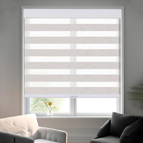 Image of Persilux Cordless Zebra Blinds for Indoor Windows, Light Filtering Sheer Shades, Upgraded Cassette, Dual Layers Light Control for Day and Night for Office, Easy to Install (30 inch Wx64 H, Linen Cream)