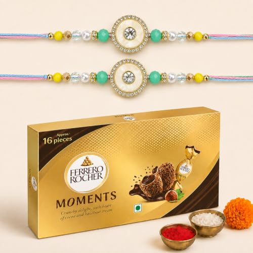 Image of Gifticon Rakhi Set for Brother Bundled with Moments Chocolate Complete Rakshabandhan Gift Box with Chocolate Pack | Greeting Card | Roli | Chawal | Premium Rakhi Gifting Set with 2 Green Color AD Rakhi