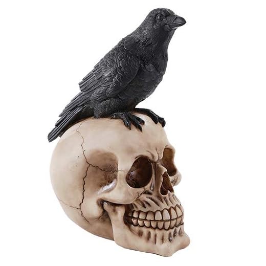 Pacific Giftware Perched Bird on Skull Poe-Inspired Figurine - Gothic Halloween Home Decor Gift, Hand-Painted Resin Collectible