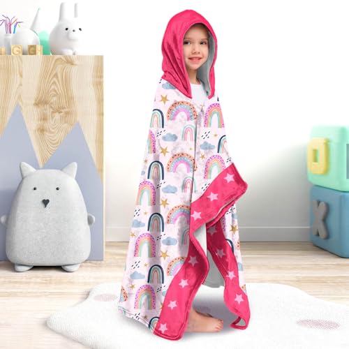 Image of Rainbow Girls Beach Towel with Hoodie for Kids Toddlers Age 4-8, Pink Bath Towels Shower Wrap for Girls, Hooded Poncho Beach Blanket for Pool Swimming Cute Wearable Bath Towel for Child
