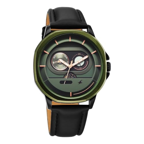 Image of Fastrack Street Opulence Sun Moon Multifunction Quartz Analog with Green Dial Black Genuine Leather Strap Watch for Men - 3303KL01