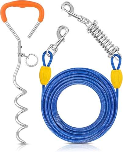 Petbobi Dog Tie-Out Cable and Stake - 20ft Heavy Duty Cable with Spring, No Tangle, 16in Ground Stake, Ideal for Yard, Camping and Beach, Suitable for Small Medium Large Dogs Up to 120 lbs, Blue
