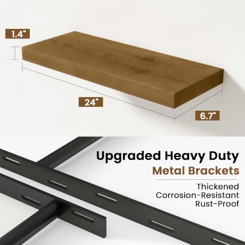 Image of Solid Wood Floating Shelves for Wall 24 inch,Grey Wooden Shelf Set of 2