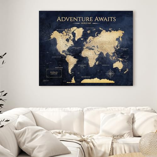 Image of IPIC - Vintage Teal World Map Pin Board Canvas Wall Art, Travel Map with Pins Included, Ready to Hang for Home or Office 30x24 Inch