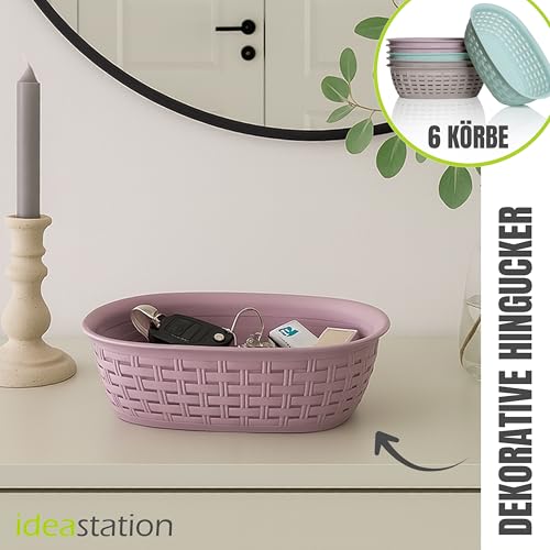 idea-station Aufbewahrungskorb Plastik in Rattan Optik - 6 Stück - 2L / 25.5x18x7.5 cm - pastell - stapelbarer Korb Aufbewahrung - kleine Körbchen Bad - Organizer Körbe & Behälter
