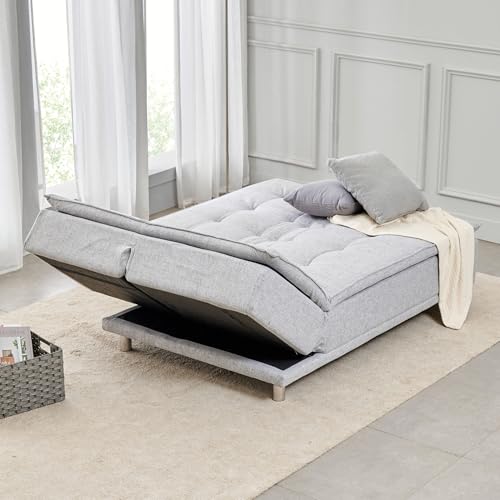Image of Home Centre | Claudia Fabric 3-Seater Sofa Cum Bed | Sofa Bed with Lounger for Living Room | Solid Wood | Grey | 1 Year Warranty