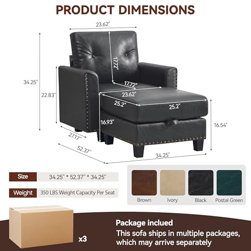 Image of 34.3 inch Faux Leather Modular Sectional Single Couch with Storage Ottoman, Vintage PU Leather Lounge Sofa Chair with Nailhead Trim, Mid Century Modern Tufted Couches for Living Room,Bedroom,Office, Black