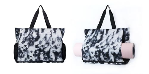 FATOLXX Bolsa para esterilla de yoga, bolsa de pilates, impermeable, para gimnasio, se adapta a todas tus cosas con bolsillo húmedo con cremallera, Tie Dye Blanco Negro, L, Casual