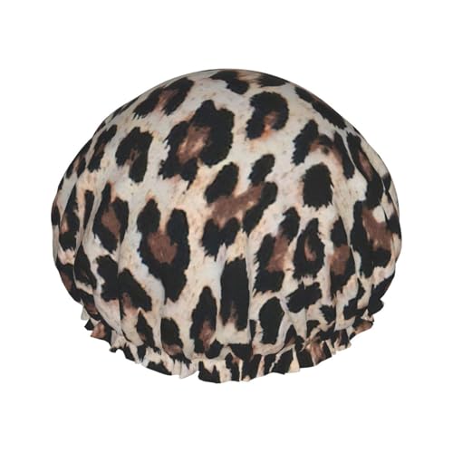 Gorro de ducha con estampado de leopardo, gorro de pelo reutilizable con forro y banda elástica con dobladillo elástico