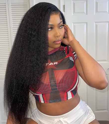 Perücke Echthaar für Damen Yaki Straight Glueless Wig Human Hair 4x4 Lace Wig Yaki Perücke Damen Echthaar Geschenk für Sie 28 Zoll Natürliche Schwarze Perücke