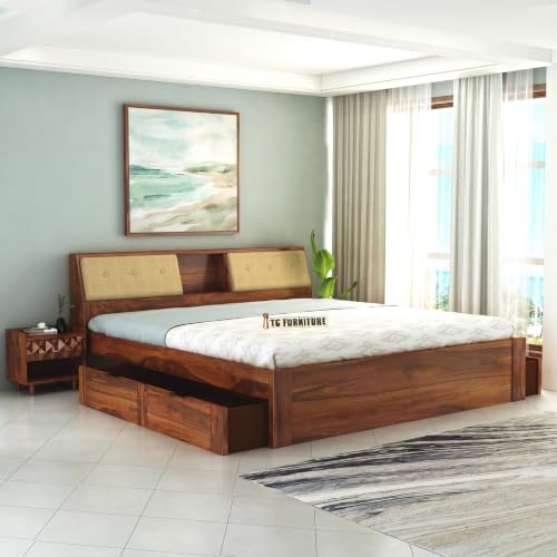 Image of TG Furniture Sheesham Wood King Size Bed with Pullout Storage | Wooden Double Bed with 2 Drawer Storage for Bedroom Platform Cot Bed Palang | 78 * 72 Inch (Natural Finish)
