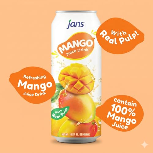 Image of Jans 100% Mango Juice Drink with Real Pulp, 16.57 fl oz, Pack of 12