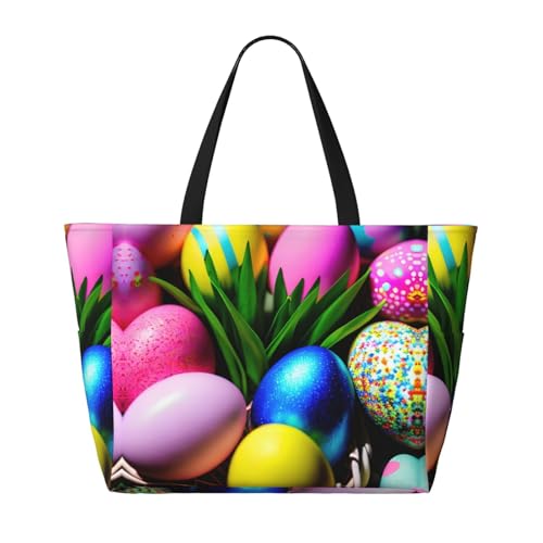 Colorful Easter Eggs Large Beach Tote Bag Women Beach Tote Bag For Pool Gym Grocery Travel With Multiple Pocket2