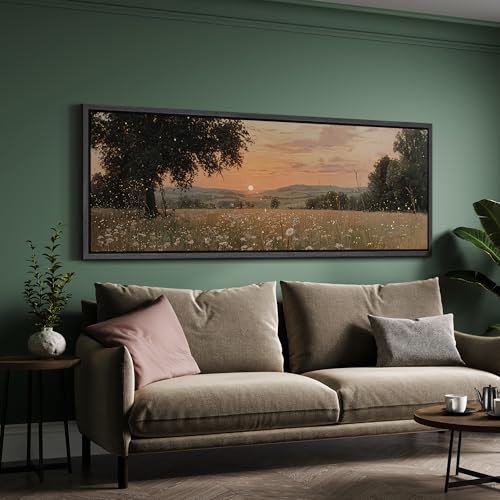 Image of MUDECOR Large Framed Canvas Print Wall Art Golden Sunset Meadow with Wildflowers Warm Landscape Antique Retro Ready to Hang Painting for Living Room Bedroom Multi-Sizes - 60 inchx20 inch