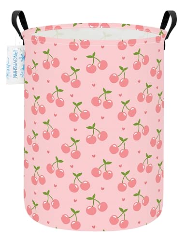 Image of Round Laundry Basket Collapsible Storage Hamper Organizer Pink Cherry | Waterproof Canvas Foldable Baskets with sturdy Handles Multi-scene Organizer for Home Play Bedroom Gift Bin