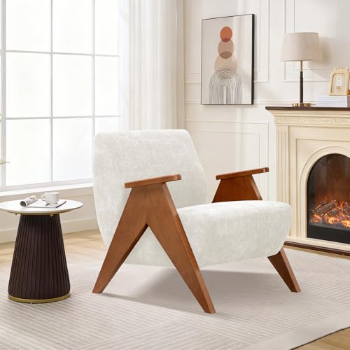 Sillón tapizado chenille Beige estructura madera miniatura 1
