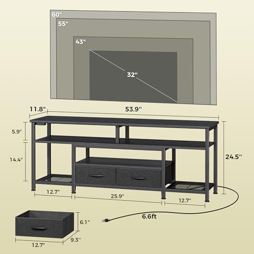 Huuger TV Stand for 55 60 Inch TV, Entertainment Center with Power Outlets and LED Lights, 54 Inch TV Console for Living Room, Media Console with Drawers and Shelves, Black, 8778BC
