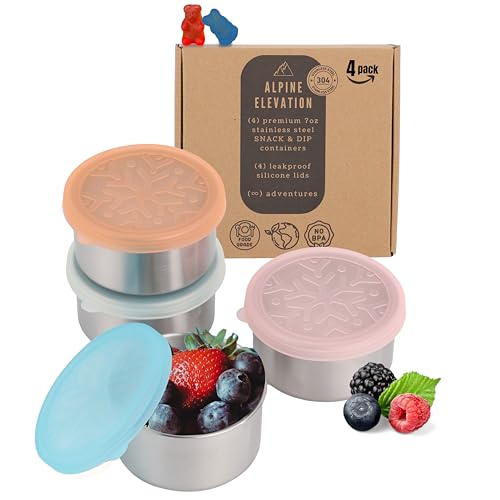 Image of Alpine Elevation 4x7.4oz Stainless Steel Snack Containers with 4 Lids - 8pcs | Metal Food Storage | Dip and Condiment Containers | Stainless Steel Mini Container