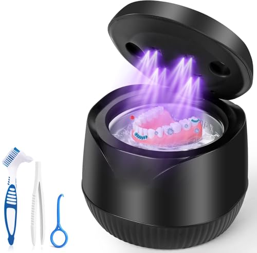 Limpiador Ultrasónico Dental con UV, Vankarr 45000Hz 25W Portátil Pod Dental para Férulas, Prótesis, Retenedores y Alineadores - 4 Lámparas UV-C, 200ml, Negro