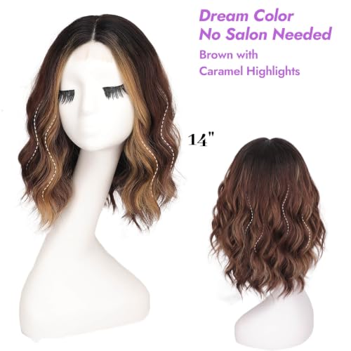 Image of Eawwii Wigs for Women Brown Caramel Highlight,Short Wavy Synthetic Lace Wig