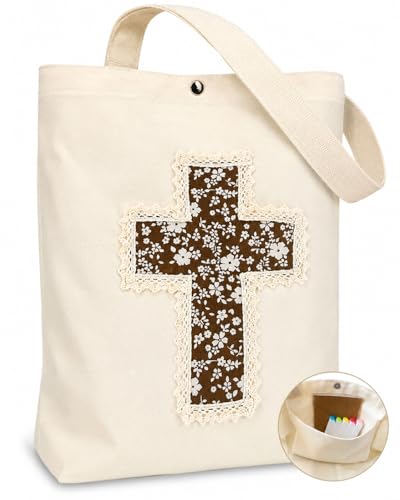 Image of Christian Tote Bag Gift for Women, Canvas Bible Bag Handmade Floral Cross | Christian faith-inspired gift, handcrafted cross with lace, inner pocket, snap closure, bottom gusset, church Bible study use