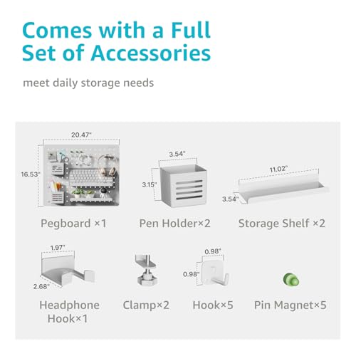 Image of PEGZONE Clamp on Desk Pegboard, 20.4 inch x 16.5 inch, with 15 Accessories, White | Magnetic Metal Peg Board, Desk Organizer for Office Gaming Home, Privacy Panel, Large