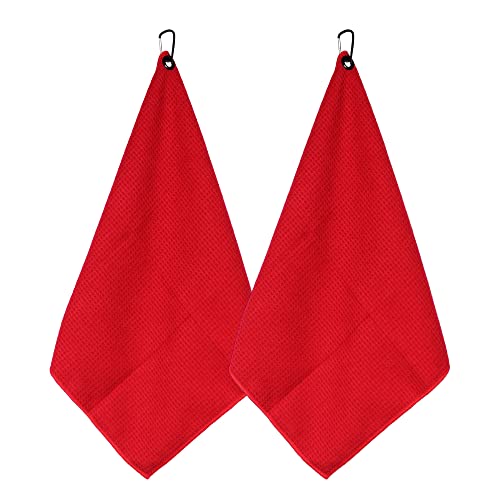 Myartte 2pcs Golf Towels for Golf Bag for Men Women Golfer Microfiber Fabric Waffle Pattern 16’’×16’’(Red)
