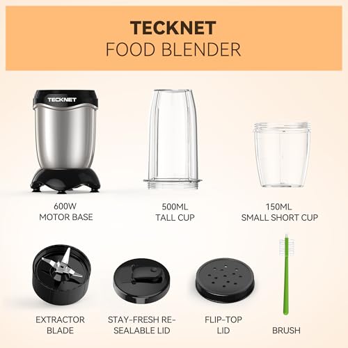 TECKNET Personal Blender Smoothie Maker Powerful 600W - 25,000 RPM Extractor Blends Fruits, Vegetables, Nuts, Ice for Smoothies & Juices, with 1 Portable Cups 500ml, 1 Grinding Cup 150ml - Image 7