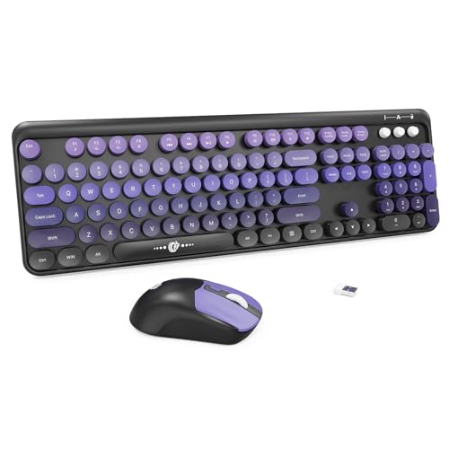 Image of Wireless Keyboards Mouse Combos, Colorful Cute Typewriter Full-Size Retro Creamy Keyboard, 2.4GHz Office Quiet Wireless Keyboard and Mouse Set for Desktop Laptop PC Computer (Black Purple)