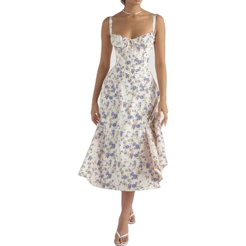 white christmas dresses MissJophiel Straps Corset Floral Print Organza Midi Dress Steel Blue Floral / Above Knee / US2 main image 0