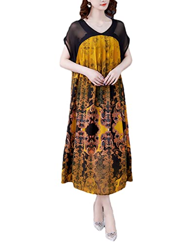 Robe longue vintage grande taille jaune 4XL en coupe ample bohème pour femme