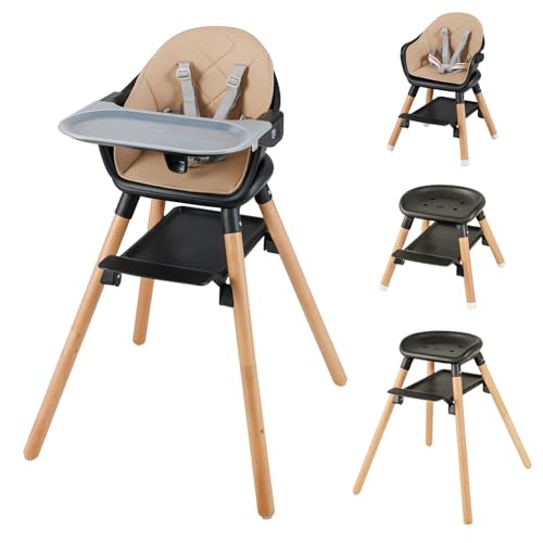 Image of BABY JOY Baby High Chair, 6 in 1 Convertible Wooden High Chair for Babies & Toddlers with Adjustable Legs, Double Removable Tray, Safety Harness & Waterproof PU Cushion (Coffee)