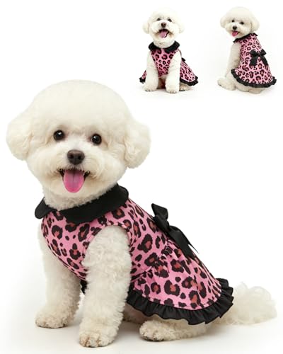 Image of CuteBone Trendy Pink Leopard Print Pet Dress with Peter Pan Collar - Sweet & Edgy Pattern - Sleeveless Ruffled Skirt with Bow for Small Dogs, Cats - Stylish Daily & Party Wear