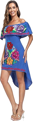 Image of YZXDORWJ Women's Mexican Asymmetrical Dress Embroidered Floral Off-Shoulder Cocktail Latina Fiesta Dress
