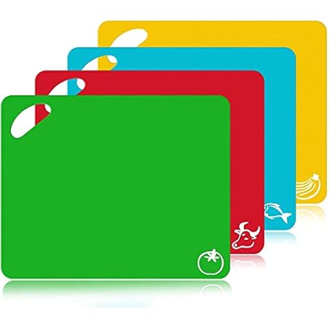 YFCXKPLP Plastic Cutting Board - 4 Pcs Extra Thick Flexible Plastic Chopping Board Mats with Food Icons, 1.3 MM Non Slip Antimicrobial Easy Hanging Boards, Dishwasher Safety Cover