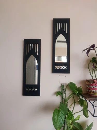 haoser set of 2 jharokha mirror wall decor items for living room | mirror panel wall decor 4 x13 inch |jharokha mirror wall decor items wooden wall panel for wall living room home decor