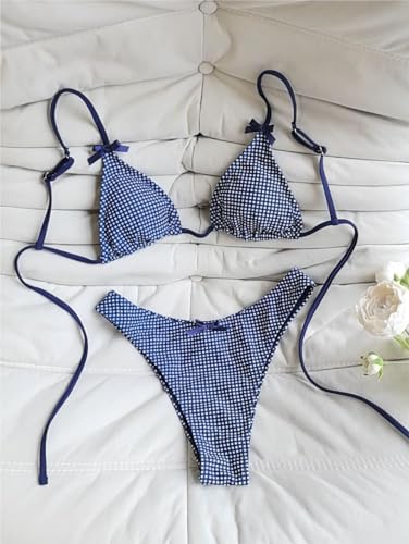 seamoly Women's Bikini Sets Tie Back Bowknot Two Piece Swimsuits Triangle Thong Bathing Suit Gingham Floral Cherry Printing4
