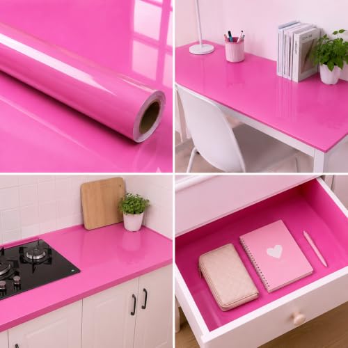 Image of Vinyl Contact Paper Decorative for Cabinets Countertops Kitchen Shelves Liner Self Adhesive Film Peel and Stick Waterproof Removable Wallpaper (Inches 24 x 118, Pink Glossy)