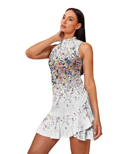 Women's Tennis Dresses Summer Sleeveless Plaid Athletic Dress for Women Standing Collar Ruffled Hem Midi Dresses