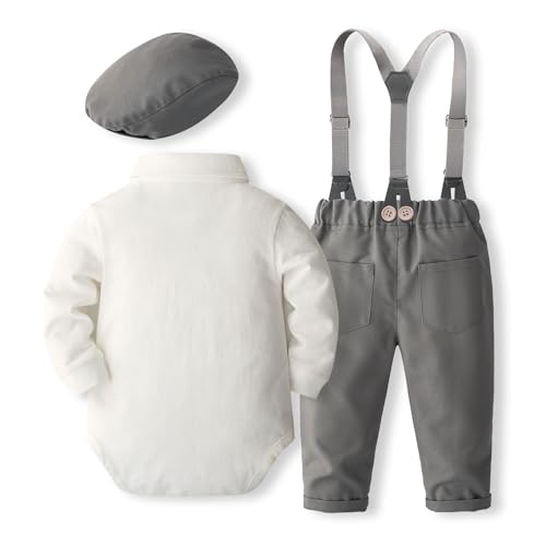 Image of SALNIER Baby Boy Suit Set Infant Formal Outfit Tuxedo | Soft Cotton Shirt Suspenders Pants Bow Tie Beret Hat 5pcs Set, For Wedding Baptism Birthday Party