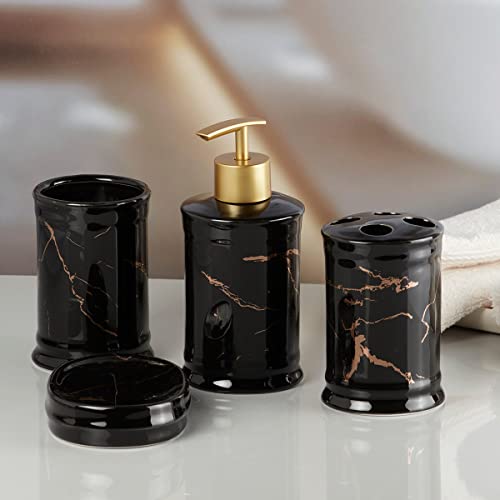 Image of SaSaSa Ceramic Bathroom Accessories Set of 4 Modern Bath Set with Soap Dispenser & Toothbrush Holder, Luxury Home & Gift Idea, Black /Gold (8228)