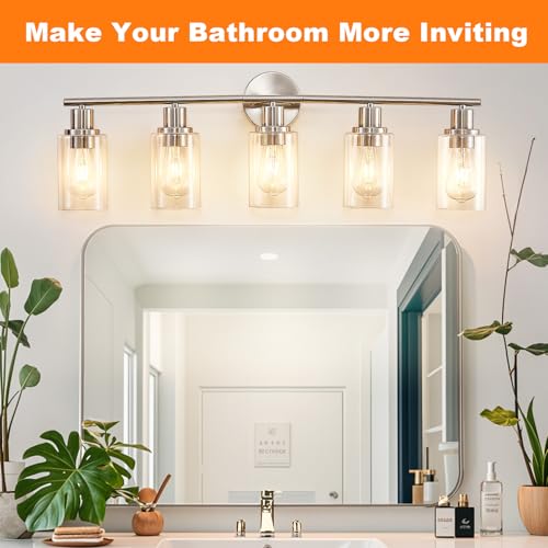Image of DLLT 5-Light Bathroom Light Fixtures: Nickel Modern Vanity Lights with E26 Bulbs - Clear Glass Shade Bathroom Wall Lamp for Mirror Kitchen Living Room Hallway Cabinet Porch